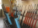 A look inside the signal box through the northern window. Hi-vis vests can be seen on the far wall.