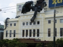 Closer detail of the top of the Embassy Theatre. At the bottom, we can see that 'The Return of the King' is playing.