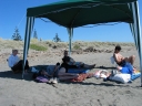 Jann, Haydn, Snaiet, Denise, and Mauricio at Peka Peka beach. In the background is one of the spires from the Sand Castle Motel.